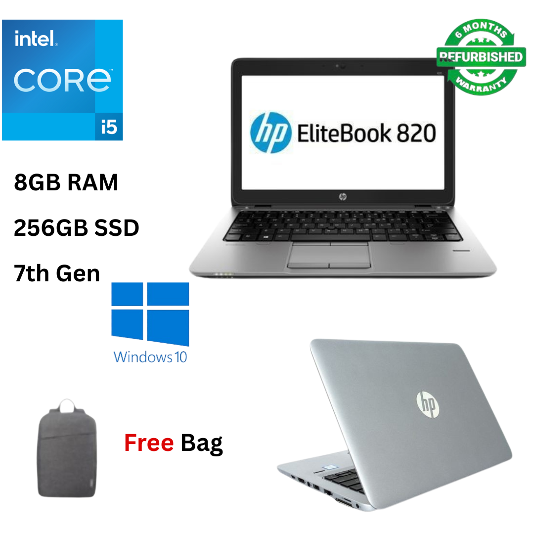 Refurbished HP EliteBook 820 G4 Laptop Core I5 7th Gen 8GB RAM 256GB SSD 12.5 Inch HD Windows 10 Pro OS Ultra Slim 2.5GHz up to 3.1GHz Dual Core Processor Notebook Laptop + Free Bag