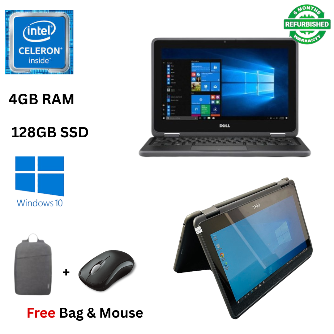 Refurbished DELL Latitude 3190 X360 4GB RAM 128GB SSD 11.6 Inches HD Touchscreen Intel Celeron 1.1GHz Quad Core 2-in-1 Convertible Windows 10 Pro Slim Laptop + Bag & Mouse