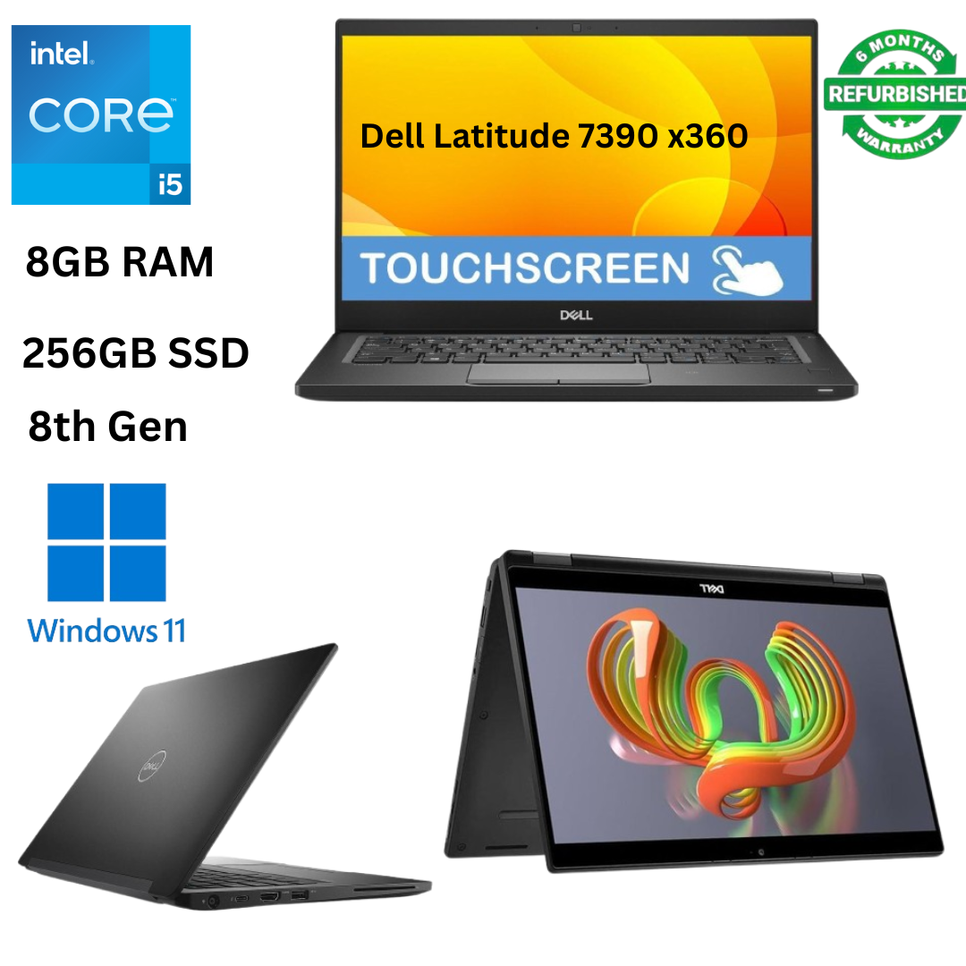 (FREE WIRELESS MOUSE) DELL Latitude 7390 X360 Core i5 8th Gen 8GB RAM 256GB SSD 13.3 Inch FHD Touchscreen 2 in 1 Convertible Windows 11 Ultra Slim Refurbished Laptop