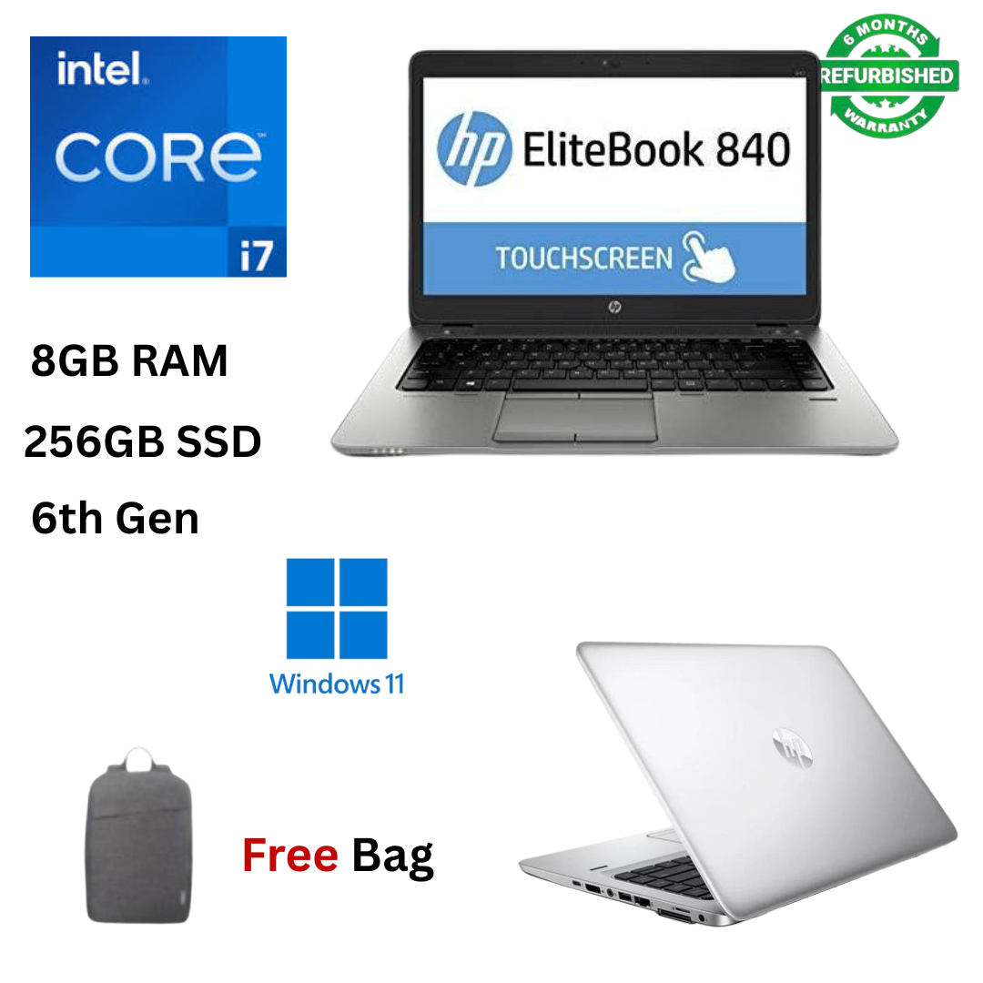 (SPECIAL OFFER) Refurbished HP EliteBook 840 G3 Core i7 6th Gen 8GB RAM 256GB SSD 14 Inch Touchscreen 2.6GHz up to 3.4GHz Dual Core Processor Windows 11 MS Office 2021 Refurbished Laptop + Free Bag