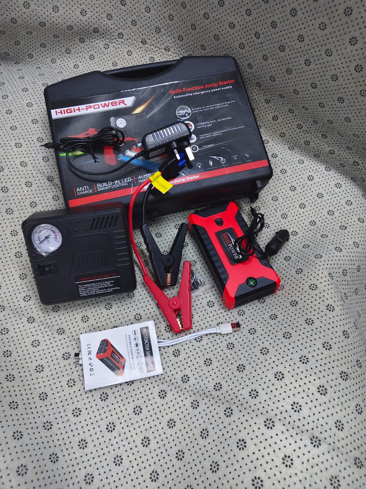 High quality Jump Starter kit This high-quality jump starter kit is portable, easy to use, and suitable for cars, motorcycles, and other vehicles. Built with safety and reliability in mind, it provide