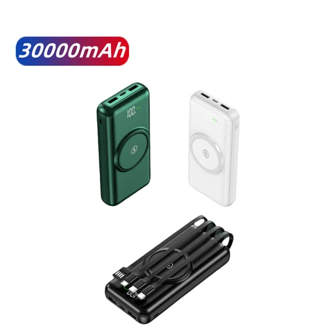 Wireless powerbank 30000mAh fast charging powerbank with own inbuilt charging cables,high quality & high capacity actual 30000mAh portable fast charging pocket size powerbank 22.5W powerful power bank