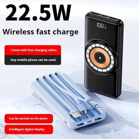 Wireless powerbank 30000mAh fast charging powerbank with own inbuilt charging cables,high quality & high capacity actual 30000mAh portable fast charging pocket size powerbank 22.5W powerful power bank