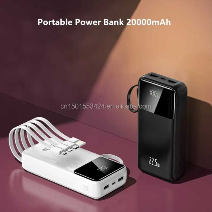 20000mAh Fast Charging powerbank, High Capacity,  PORTABLE, for outdoor , traveling with inbuilt cables