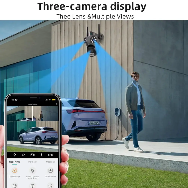 3 Lens CCTV camera ICSEE wifi CCTV camera with motion tracking, siren, two way communication, night vision,360° rotation,3in1 CCTV camera wireless surveillance camera 9MP CCTV WIFI CAMERA