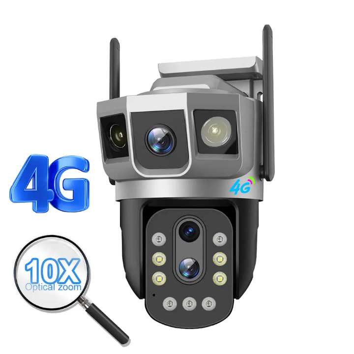 4G CCTV CAMERA 3 real lenses CCTV 4G camera with wide angle,360° rotation,siren, two way communication, waterproof,night vision,text notifications, full color videos,long range of view HD 4G CCTV