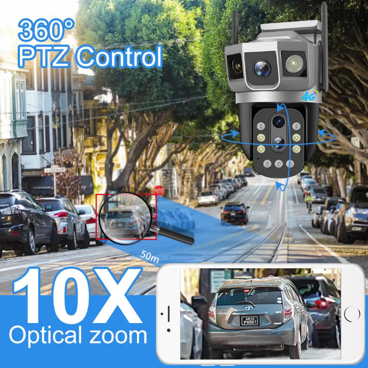 4G CCTV CAMERA 3 real lenses CCTV 4G camera with wide angle,360° rotation,siren, two way communication, waterproof,night vision,text notifications, full color videos,long range of view HD 4G CCTV
