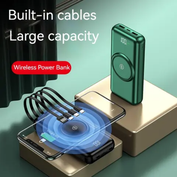 30000MAh Wireless powerbank with own inbuilt charging cables super fast charging portable power station powerbank 30000 mAh  USB Fast Charging wireless  30000mAh Power Bank