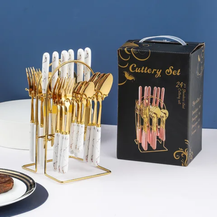 24pcs cutlery set spoon set stainless steel stylish cutlery set with marble plastic handle high quality beautiful design cutlery set
