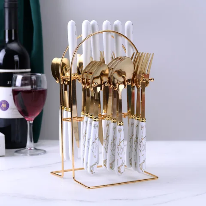24pcs cutlery set spoon set stainless steel stylish cutlery set with marble plastic handle high quality beautiful design cutlery set