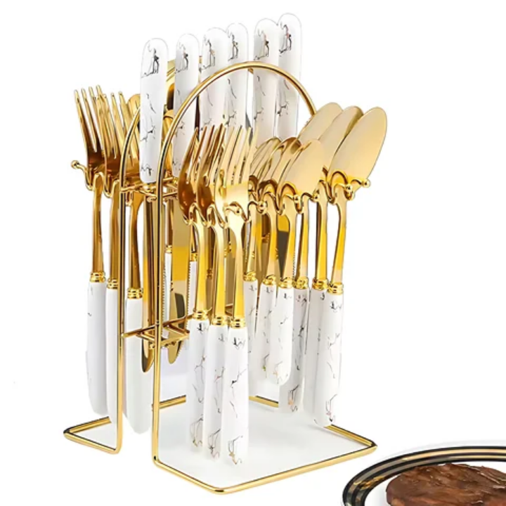 24pcs cutlery set spoon set stainless steel stylish cutlery set with marble plastic handle high quality beautiful design cutlery set