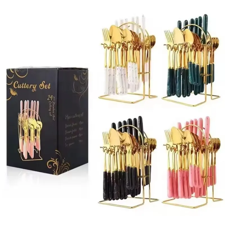 24pcs cutlery set spoon set stainless steel stylish cutlery set with marble plastic handle high quality beautiful design cutlery set