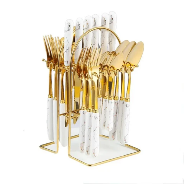 24pcs cutlery set spoon set stainless steel stylish cutlery set with marble plastic handle high quality beautiful design cutlery set