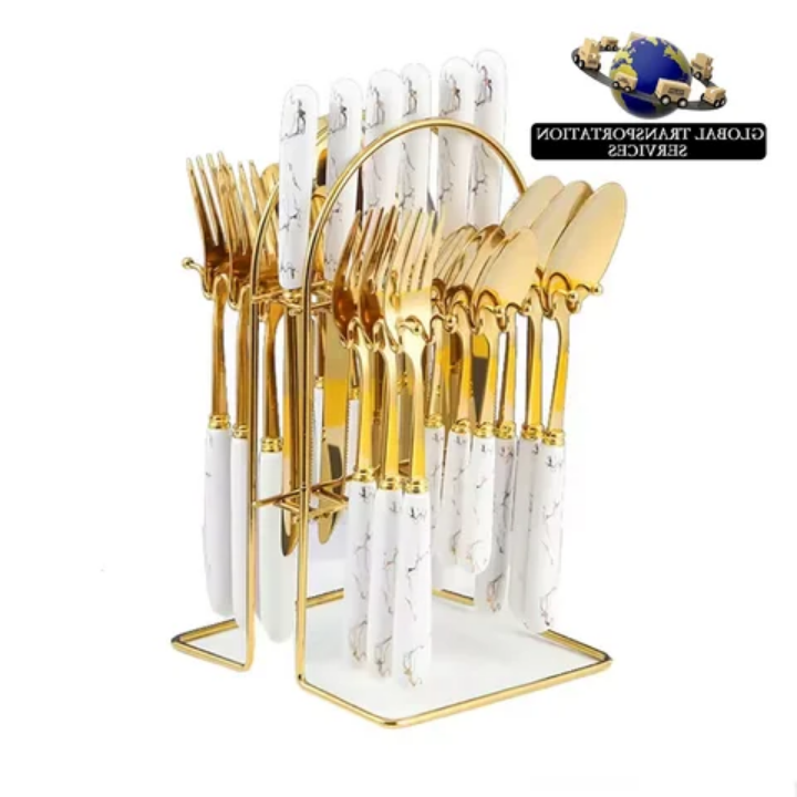 24pcs cutlery set spoon set stainless steel stylish cutlery set with marble plastic handle high quality beautiful design cutlery set