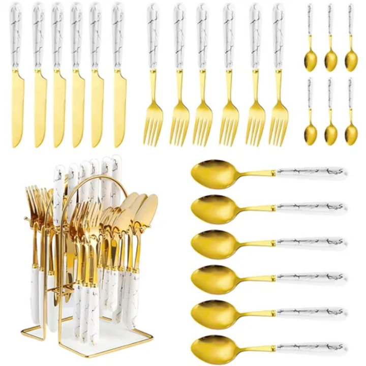 24pcs cutlery set spoon set stainless steel stylish cutlery set with marble plastic handle high quality beautiful design cutlery set