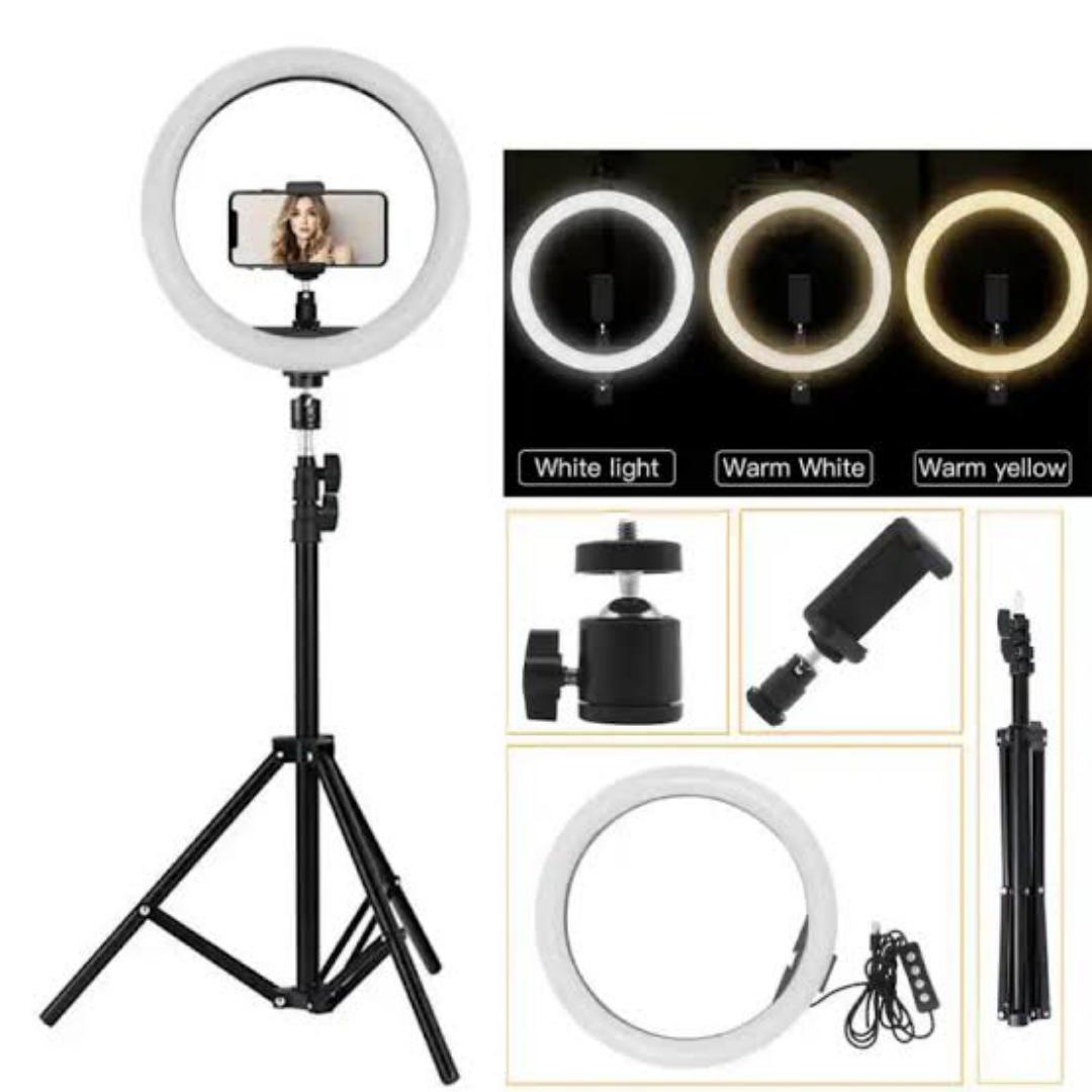 12inch ring light with 2.1m tripod stand for live streaming, TikTok photography make up application,with phone holder, foldable tripod,3 color modes, dimmable brightness to fit your desired light Inte