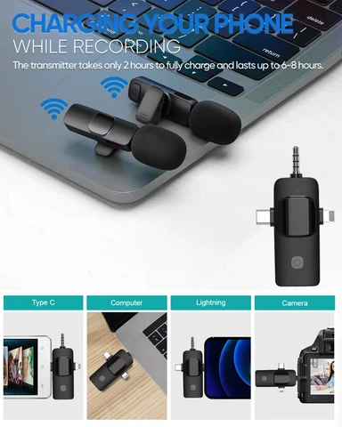 3 in 1 Wireless Microphone for iPhone, Camera, Android, iPad, Mini Microphone, USB C Microphone, iPhone Mic, 2.4G Ultra-Low Delay, Microphone for Video Recording/Vlog/TikTok/YouTube/Interview