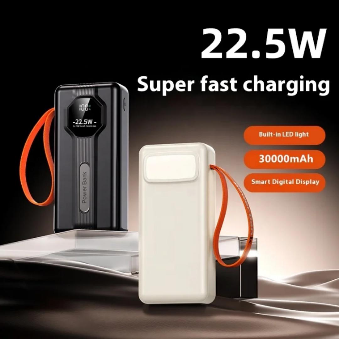 30,000mAh super fast charging powerbank high capacity &high quality actual capacity portable pocket size powerbank for traveling , with type C and iphone inbuilt charging cables,4usb output port-black