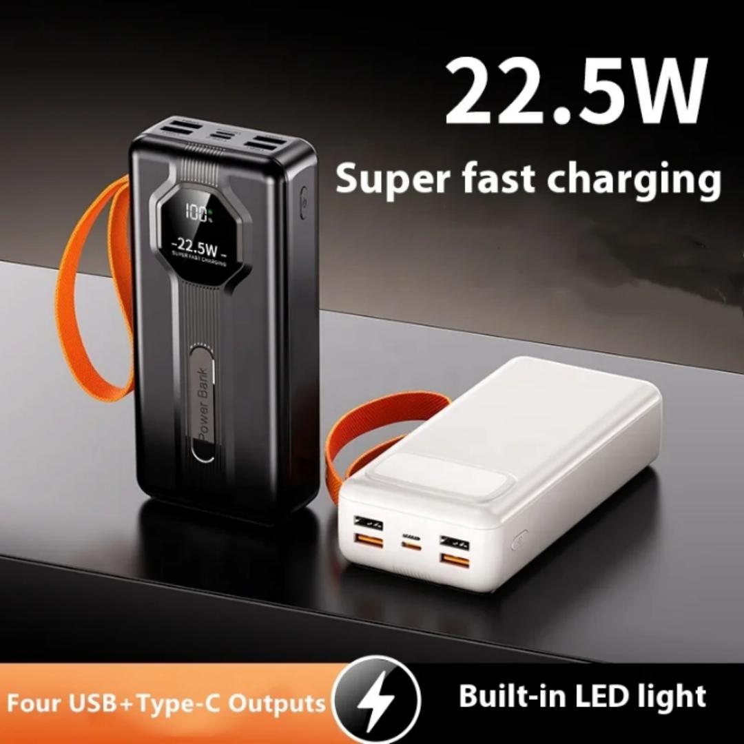 30,000mAh super fast charging powerbank high capacity &high quality actual capacity portable pocket size powerbank for traveling , with type C and iphone inbuilt charging cables,4usb output port-black