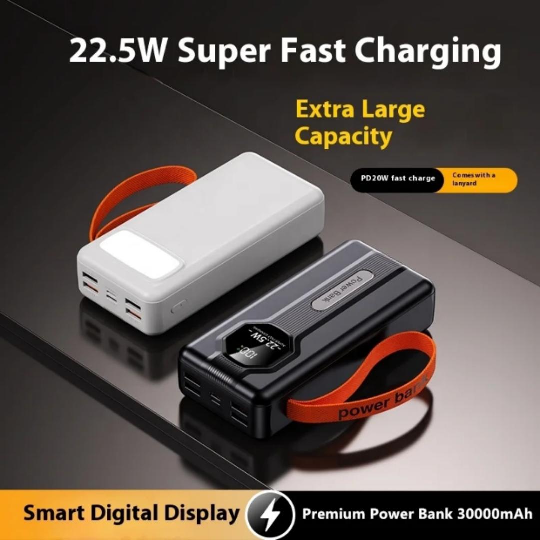 30,000mAh super fast charging powerbank high capacity &high quality actual capacity portable pocket size powerbank for traveling , with type C and iphone inbuilt charging cables,4usb output port-black