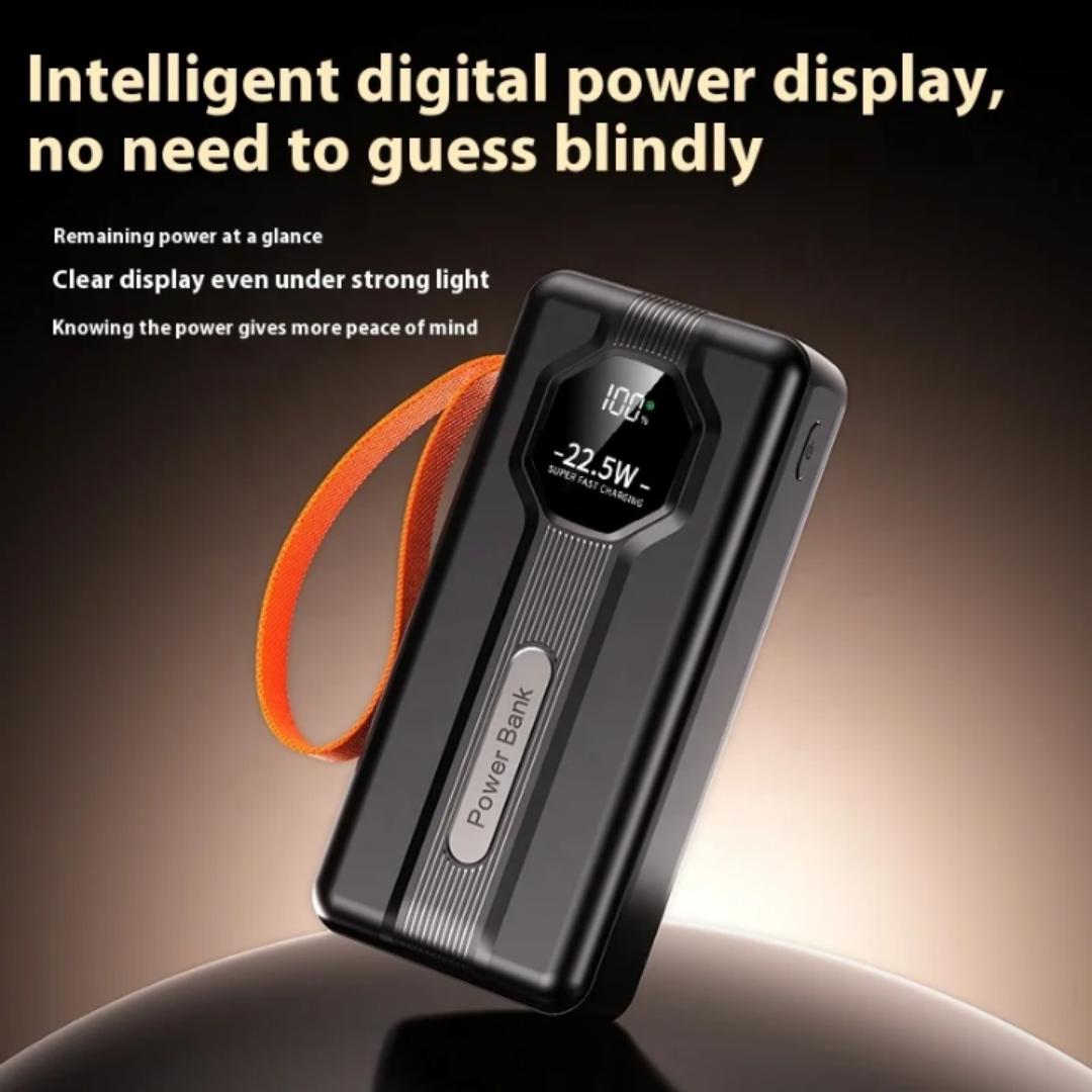 30,000mAh super fast charging powerbank high capacity &high quality actual capacity portable pocket size powerbank for traveling , with type C and iphone inbuilt charging cables,4usb output port-black