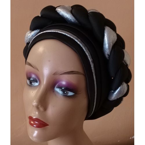 Pre-Tied Twisted Braid African Head Wrap/ Head Wear/ Head Turban- Black/Gold