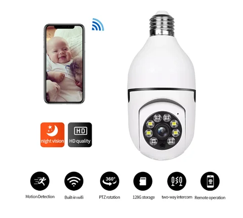 CCTV WIFI BULB CAMERA PTZ FULL HD 360 ANGLE 1080P CAMERA,MOTION DETECTION, 2WAY COMMUNICATION, SUPPORT SD AND CLOUD STORAGE, SENDS NOTIFICATIONS UPON DETECTING MOTION, ALARM FUNCTION 360° rotation