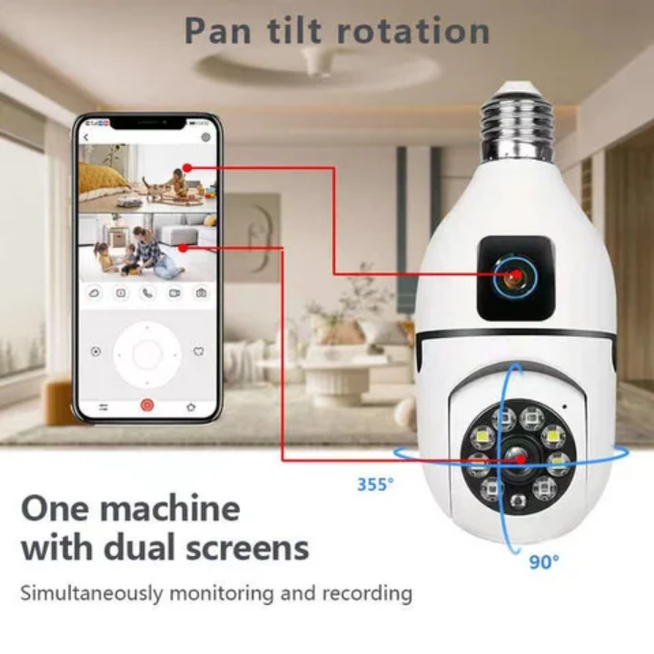 Dual lens Wifi CCTV CAMERA with motion tracking, siren, two way communication,2 cameras recording at same time,360° rotation,high quality video recording,cloud storage option,sd card slot dual lens CC