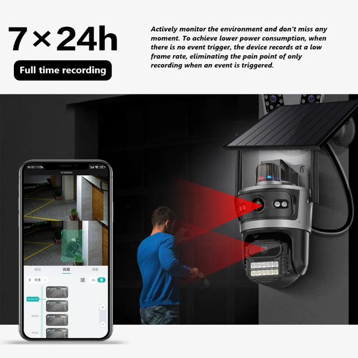4G dual lens Solar CCTV camera simcard data for wireless connection 8MP Dual lens outdoor waterproof 4G camera ICSEE app  solar 4G CCTV  with motion tracking, siren, two way talk,360° communication