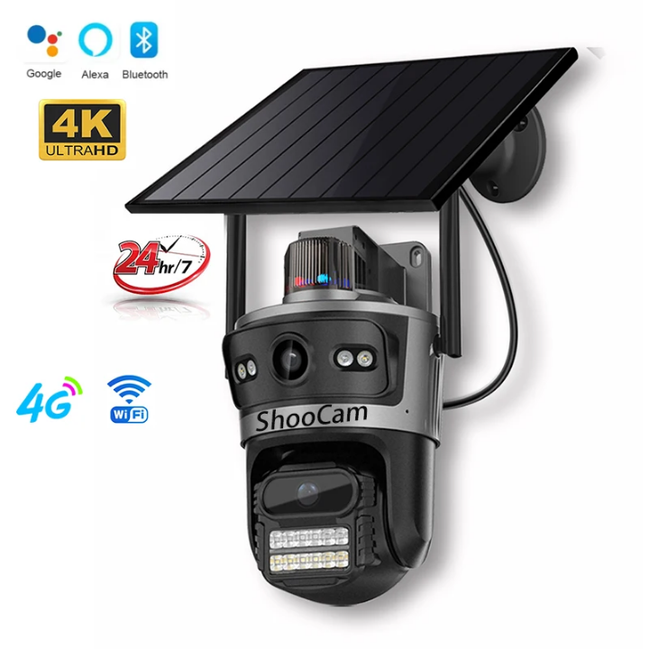 4G dual lens Solar CCTV camera simcard data for wireless connection 8MP Dual lens outdoor waterproof 4G camera ICSEE app  solar 4G CCTV  with motion tracking, siren, two way talk,360° communication