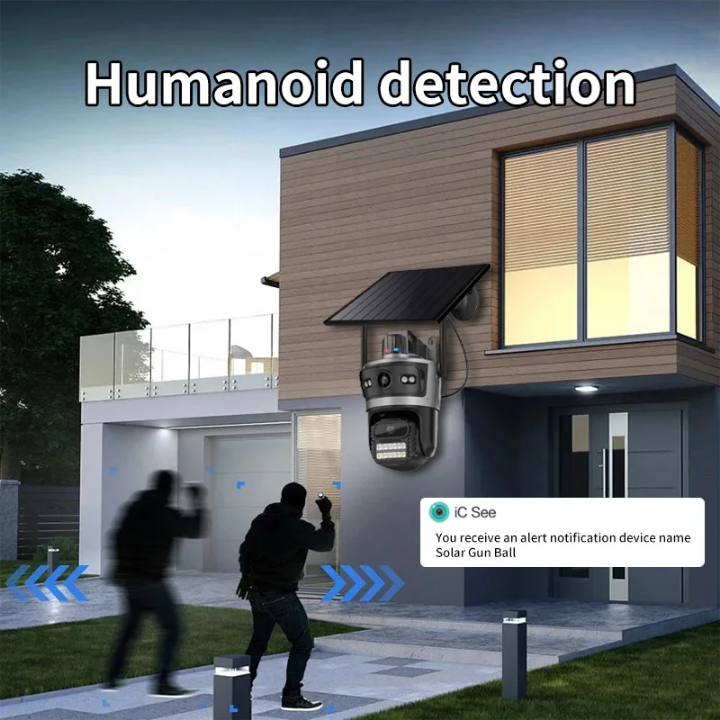 4G dual lens Solar CCTV camera simcard data for wireless connection 8MP Dual lens outdoor waterproof 4G camera ICSEE app  solar 4G CCTV  with motion tracking, siren, two way talk,360° communication