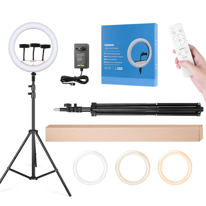 18 inch ring light with tripod stand huge 18inch ring light with 3 color modes, different Brightness levels, remote, tripod stand, phone holders super bright 18inch ring light for live streaming