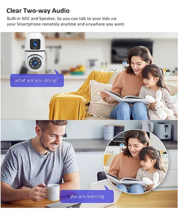Dual lens WiFi CCTV bulb camera High resolution video quality,360° wide angle, Motion detection, 2way communication, wireless surveillance,SD slot ,easy installation, alarm ,text alert