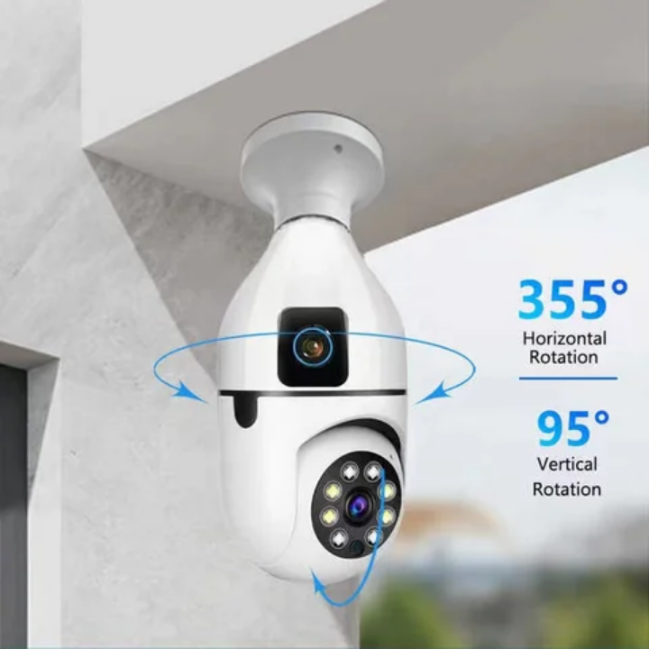 Dual lens WiFi CCTV bulb camera High resolution video quality,360° wide angle, Motion detection, 2way communication, wireless surveillance,SD slot ,easy installation, alarm ,text alert