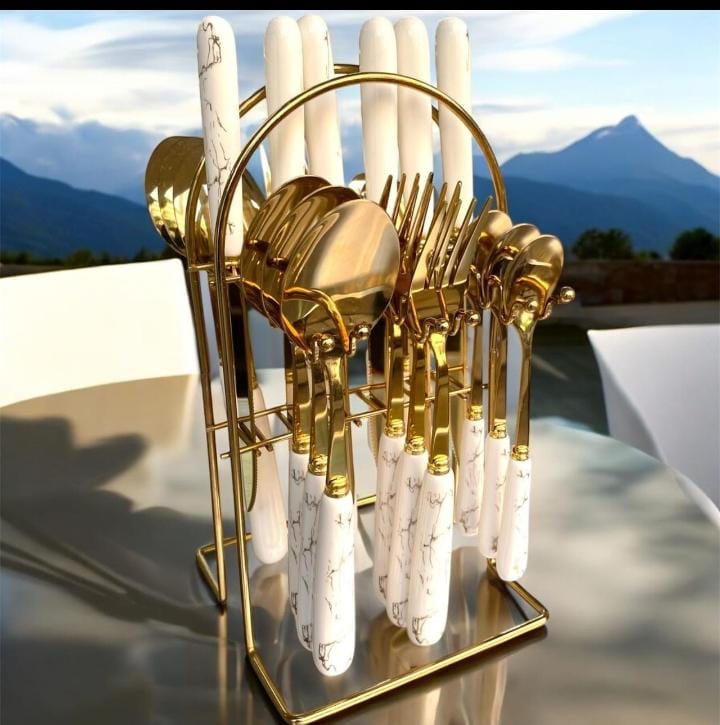 24Pcs Stainless Steel Marble White Gold Cutlery Set(Knife/Fork/Spoon) With A StandThe 24 Pieces Stainless Steel Cutlery Set is suitable for all occasions.