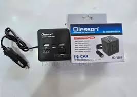 150W Olesson car inverter with 2 AC sockets, 2 USB, 2 Type-C ports & LED display. Charge laptops, phones, and more from your car—safe, fast, and portable.