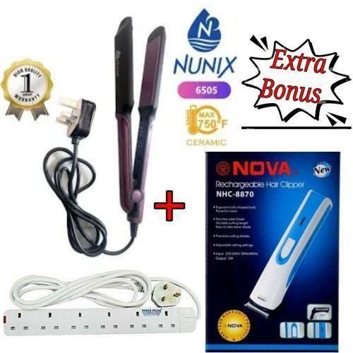 Nunix Professional Hair Straightener Flat Iron Style + 6-Way Extension + Nova Hair Clipper Combo Set for Salon and Home Use | High-Performance Styling Kit for Men and Women | Fast Heating, Durab