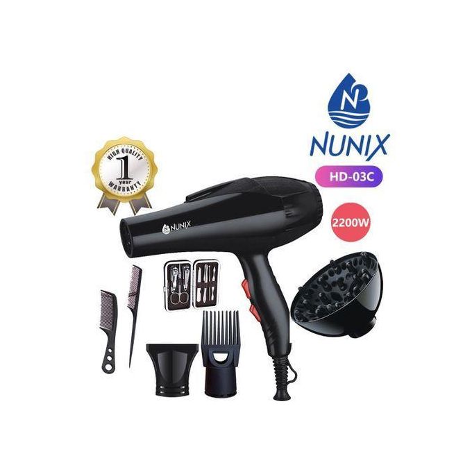 Nunix Professional Salon Blow Dryer with 3000W Power for Fast Hair Drying, Styling, Volume Boost – Hot & Cold Air Control, Concentrator Nozzle, Comb Attachments for All Hair Types