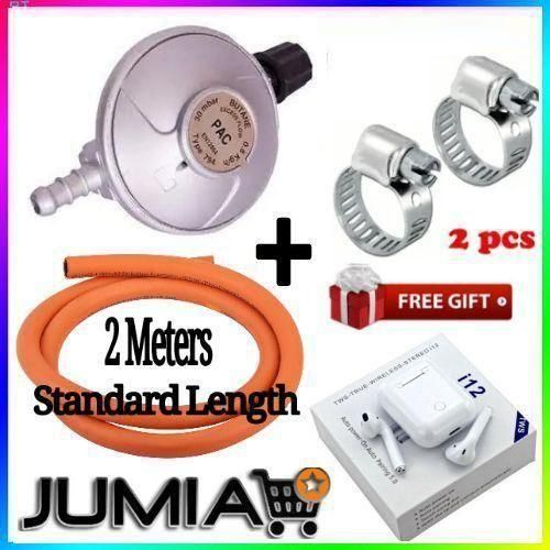 Pac-Advance Standard High Pressure 6kg Gas Regulator with 2M Gas Hose, Safety Clips for Meko Tabletop Cooker Burner, Durable, Easy to Install, Bonus i12TWS Earbuds