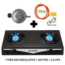 AILYONS Table Top Stainless Steel 2 Burner Gas Cooker Plus 6kg Regulator, 1.5m Pipe And Free Tightening Clips – Sleek, Durable, and Efficient Gas Cooking Solution for Your Kitchen