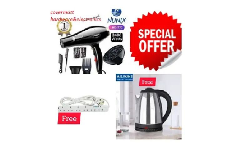 Nunix 2400W Pro Hair Blow Dry with Accessories, 2.0L Electric Kettle, and 4-Way Extension Power Strip – High-Performance Home Essentials Bundle for Fast Styling and Convenience