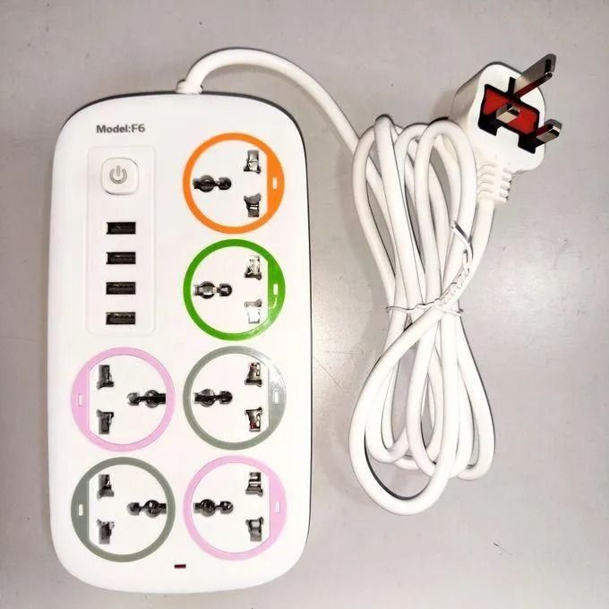 6 Way Extension Cable with 4 USB Ports, Multi-Socket Power Strip Surge Protector with Fast Charging USB Ports for Home, Office, and Electronics