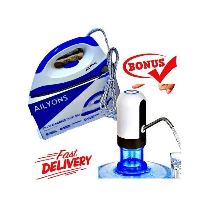 AILYONS High Performance Home Appliance Energy Efficient Dry Iron Box with FREE Rechargeable Dining Table Water Hand Pump Dispenser, Durable,Lightweight, and Fast Heating for Smooth Ironing Experience