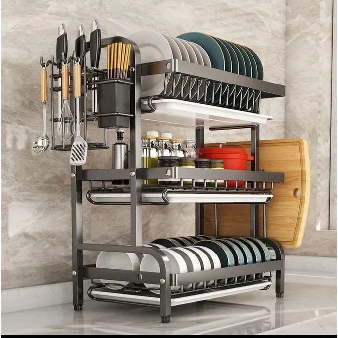 Metallic Dish Rack 3 Layer Stainless Steel Kitchen Organizer – Durable, Rust-Resistant, Space-Saving 3-Tier Dish Drainer for Plates, Cups, Bowls, and Utensils