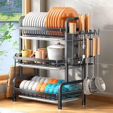 Metallic Dish Rack 3 Layer Stainless Steel Kitchen Organizer – Durable, Rust-Resistant, Space-Saving 3-Tier Dish Drainer for Plates, Cups, Bowls, and Utensils