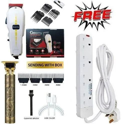 Geemy Professional Hair Shaving Machine T9 Dragon Rechargeable Metal Clipper Wireless Gold Clear Cut Trimmer with 4-Way Power Extension Cable for Barbers and Home Use