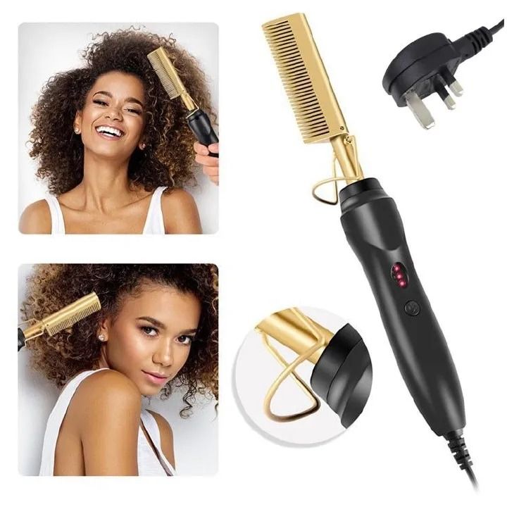 Electric hot comb with adjustable heat settings to prevent hair damage, perfect for natural hair, wigs, and styling with hot-air brushes, safe and efficient styling tool