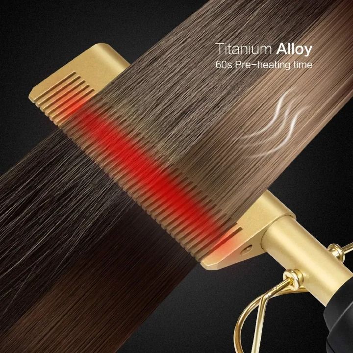 Hot Comb Electric Pressing Comb with Anti-Scald Ceramic Plates for Hair, Beard, and Travel – 3-in-1 Straightener, Curler, and Heated Brush for Effortless Styling Anywhere