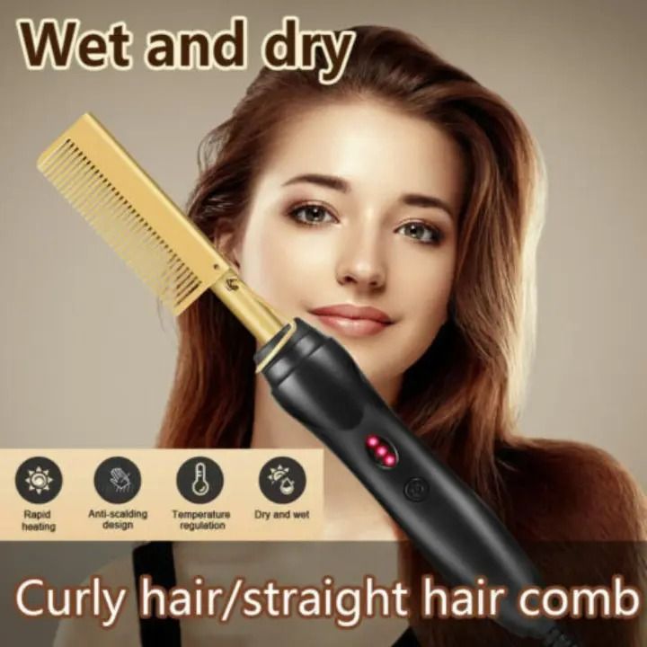 2 in 1 Hot Comb Straightener Electric Hair Straightener and Curler for Wet and Dry Hair, Fast Heating Hair Flat Iron Comb for Smooth, Shiny, Frizz-Free Hair Styling