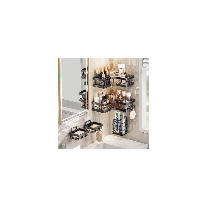 Multipurpose 5pcs set Rectangular and corner Shower caddy shelf/5in1 bathroom shelfs Wall organizer.Stronger Adhesive: Upgraded non-marking adhesive for enhanced stability—sticks better than suction c